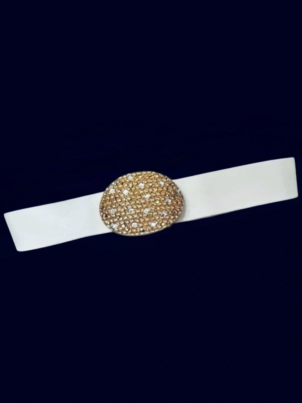 St. John Vintage White Wide Leather Belt w/Gold & Silver Crystal Oval Buckle